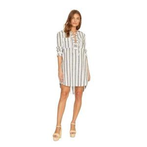 Sanctuary Staycation Twilight Hi-Low Vertical Stripe Pocket Linen Blend Dress, M